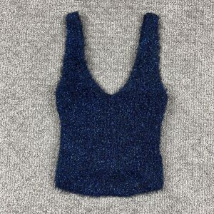 Urban Outfitters Tank Top Women Medium Blue Metallic Eyelash Deep V Sweater Knit